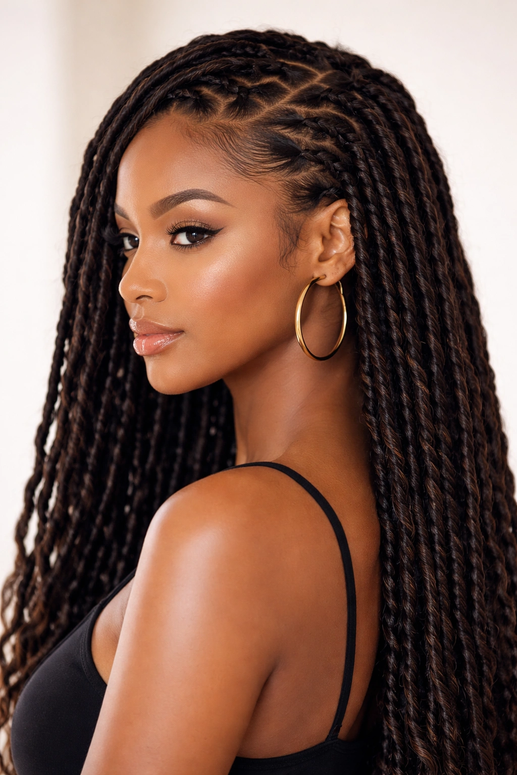 Close-up of faux locs with a twisted base and wrapped texture