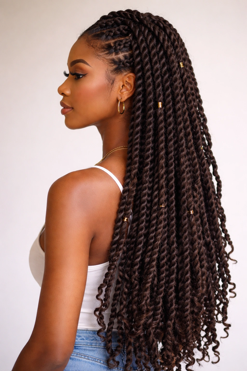 Long faux locs with rope-like texture on natural hair