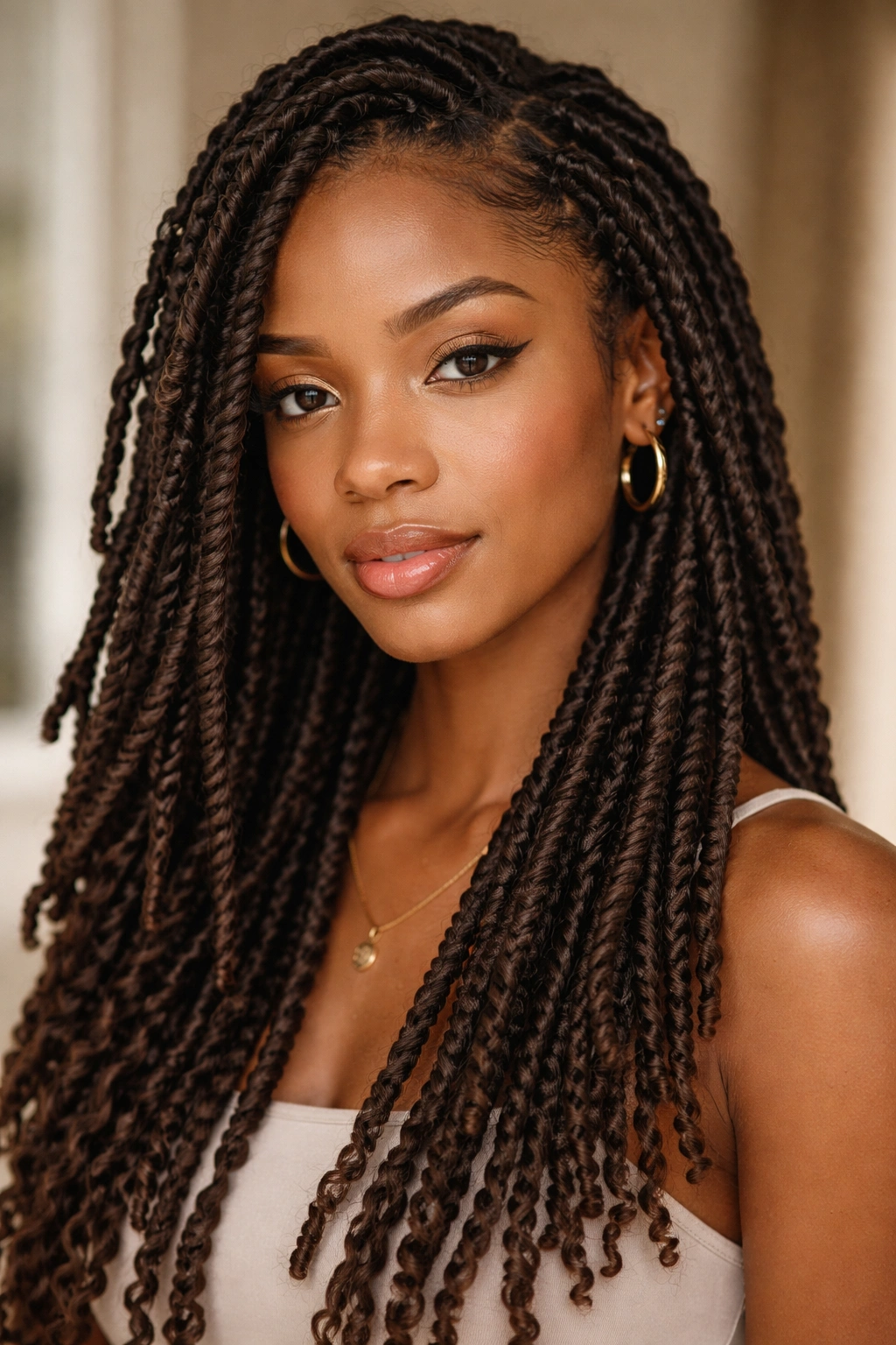 Portrait of twists forming faux locs with wrapped exterior
