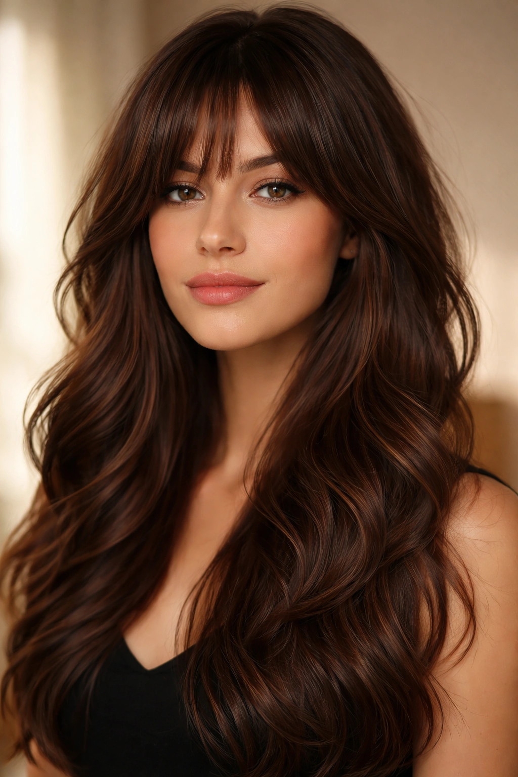 Chocolate brown long waves with feathered bangs