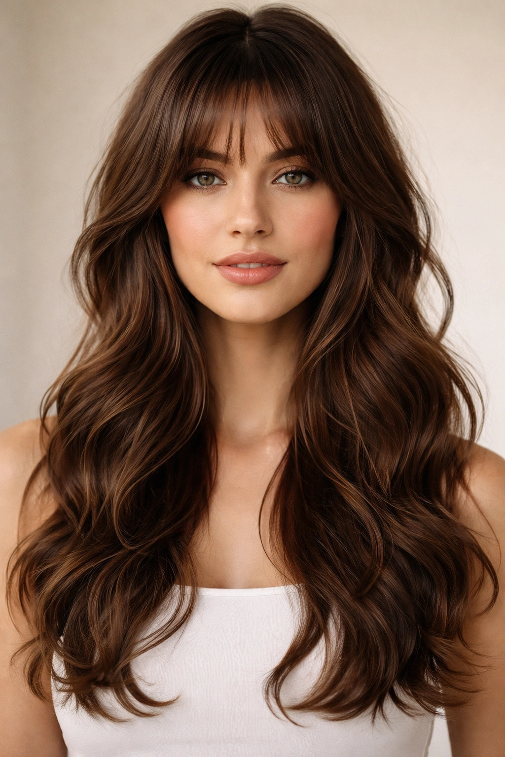 Feathered bangs with face-framing waves on a model, soft movement
