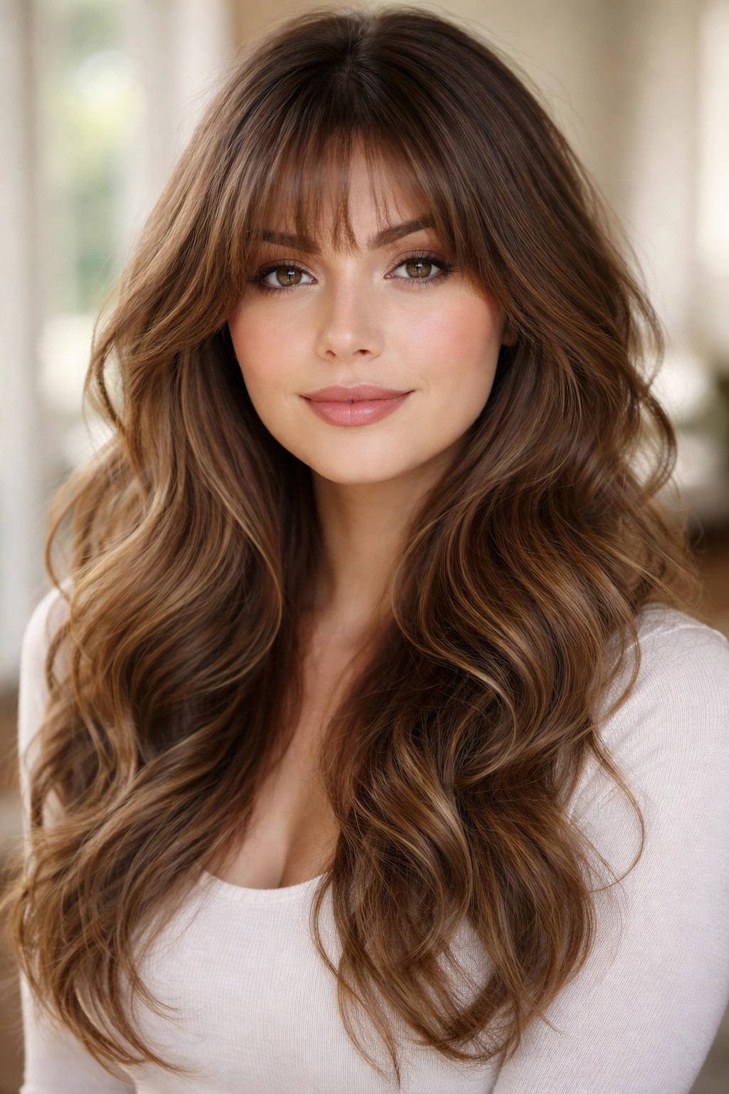 Feathered bangs blending into flowing waves on a portrait