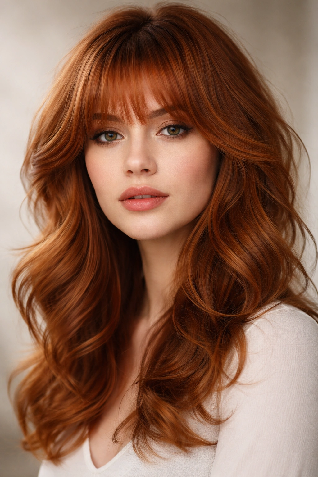 Close-up of a model with feathered ginger bangs and airy waves