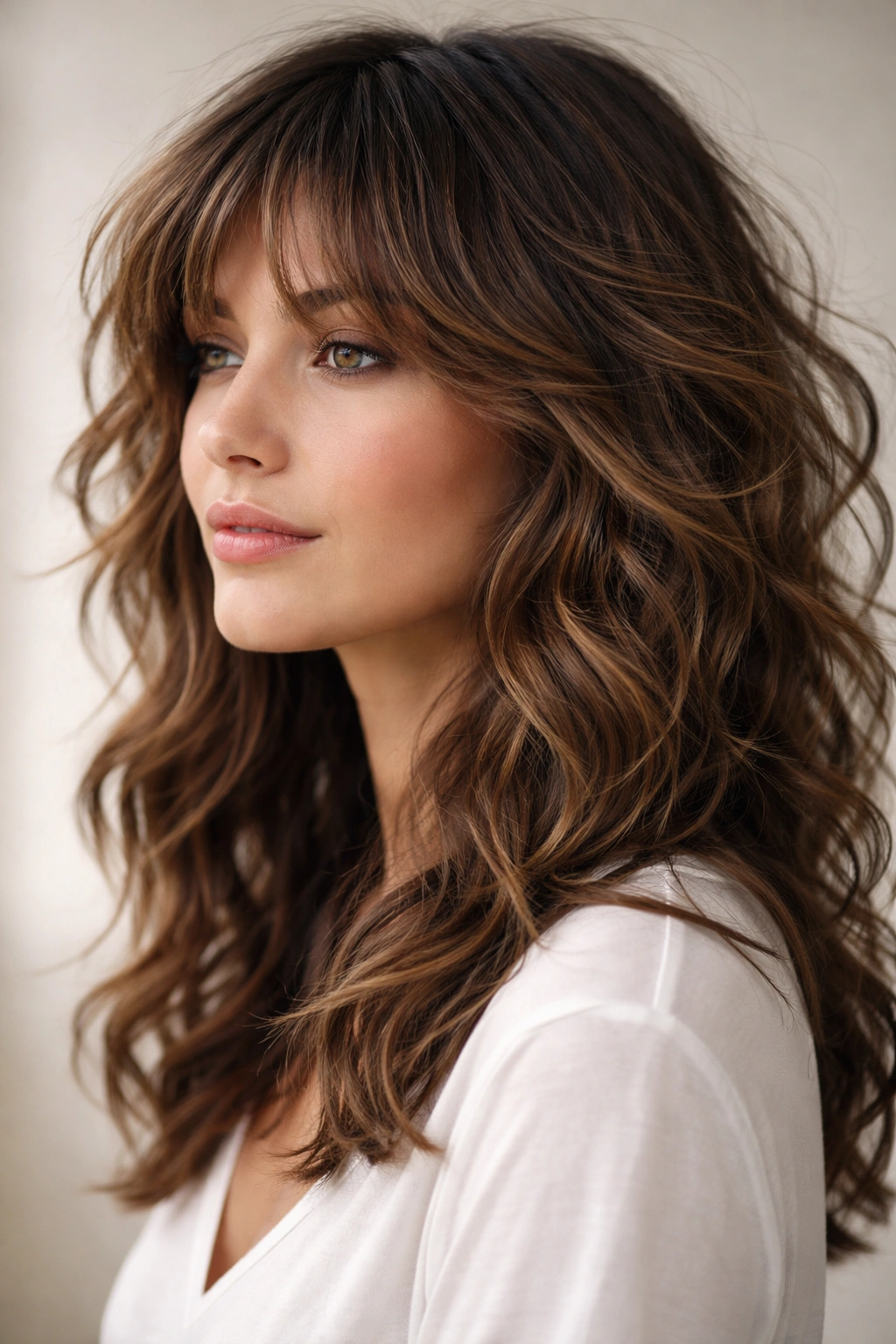 Feathered bangs with layered pieces and movement