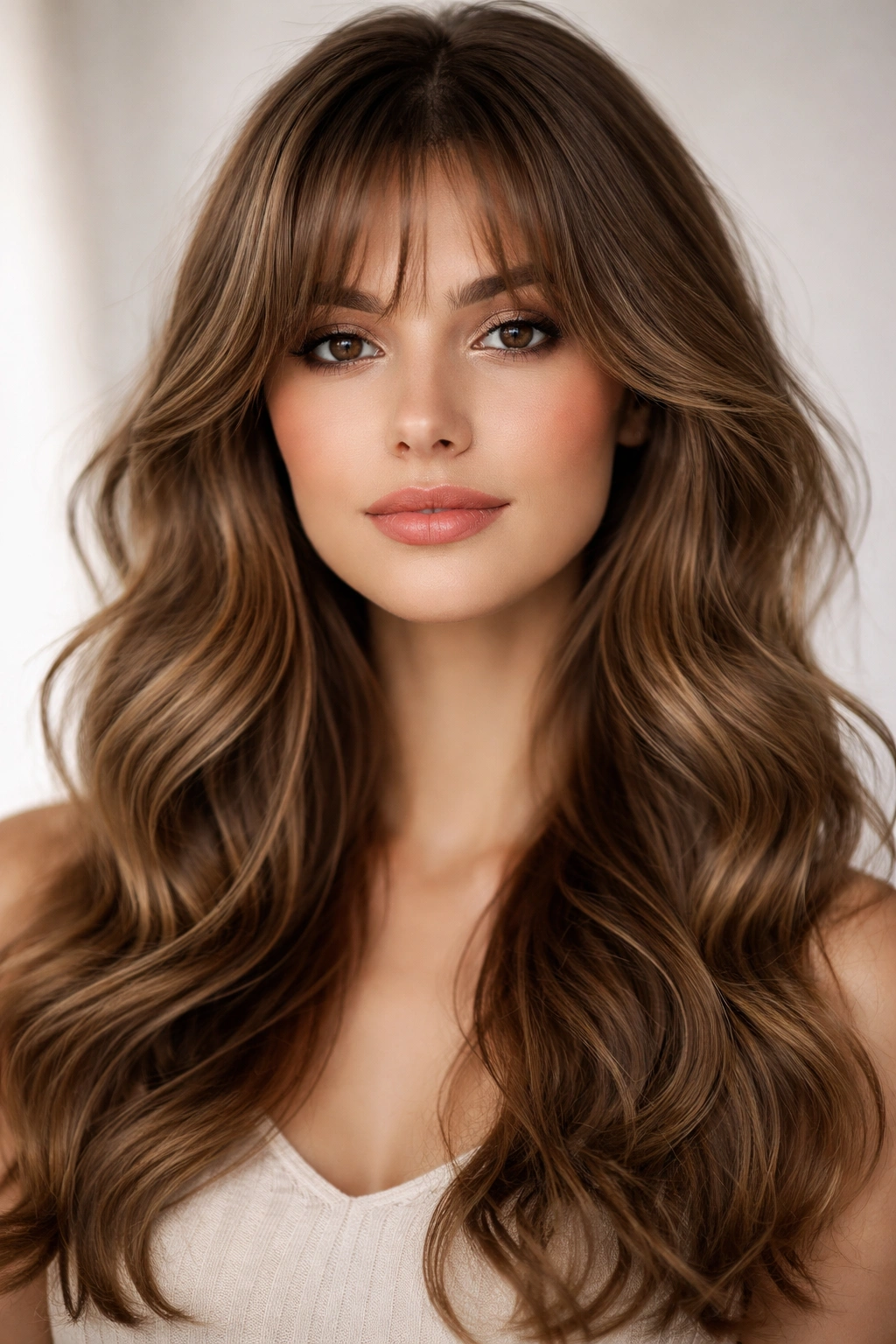 Close-up of a model with feathered bangs and romantic waves on an oval face