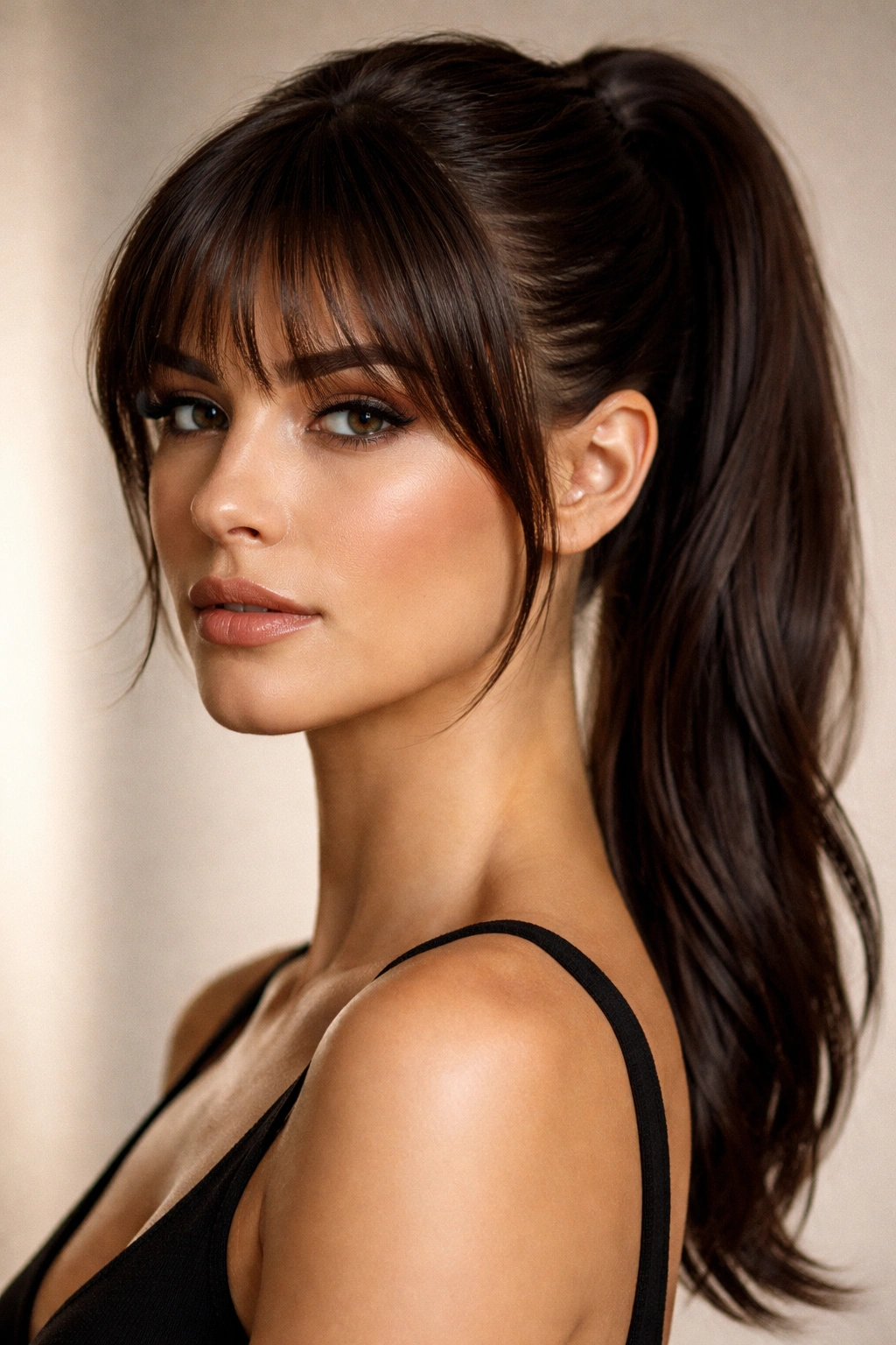 Close-up of a model with feathered bangs and a sleek ponytail.