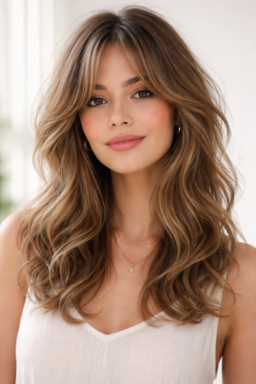 Close-up of feathered curtain bangs with soft layered, wavy hair