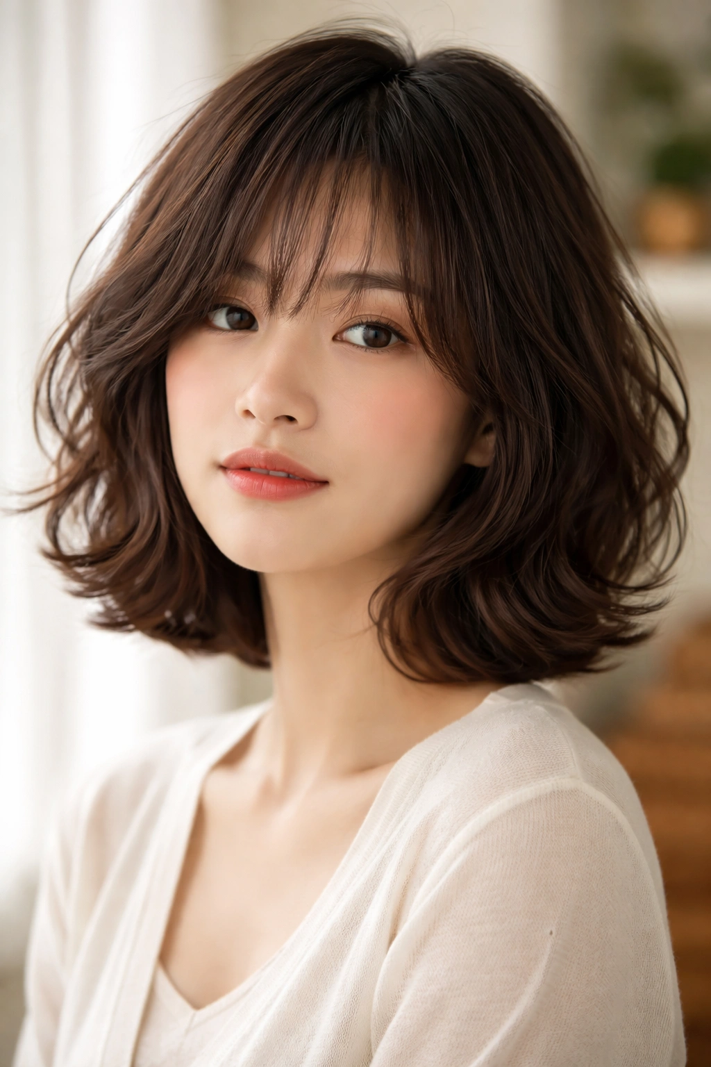 Front three-quarter view of feathered bangs with a wavy bob.