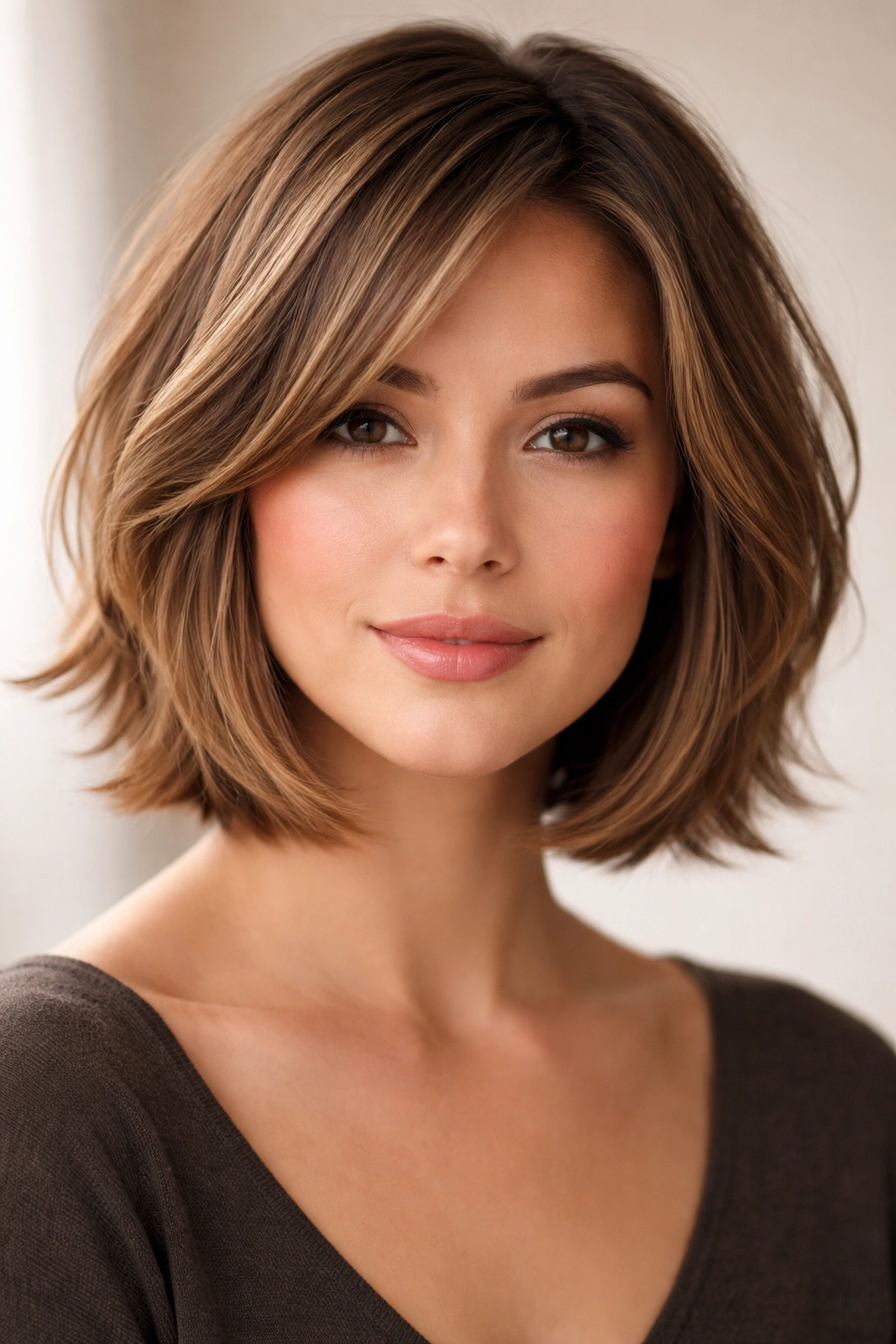 Chin-length bob with feathered layers showing soft movement