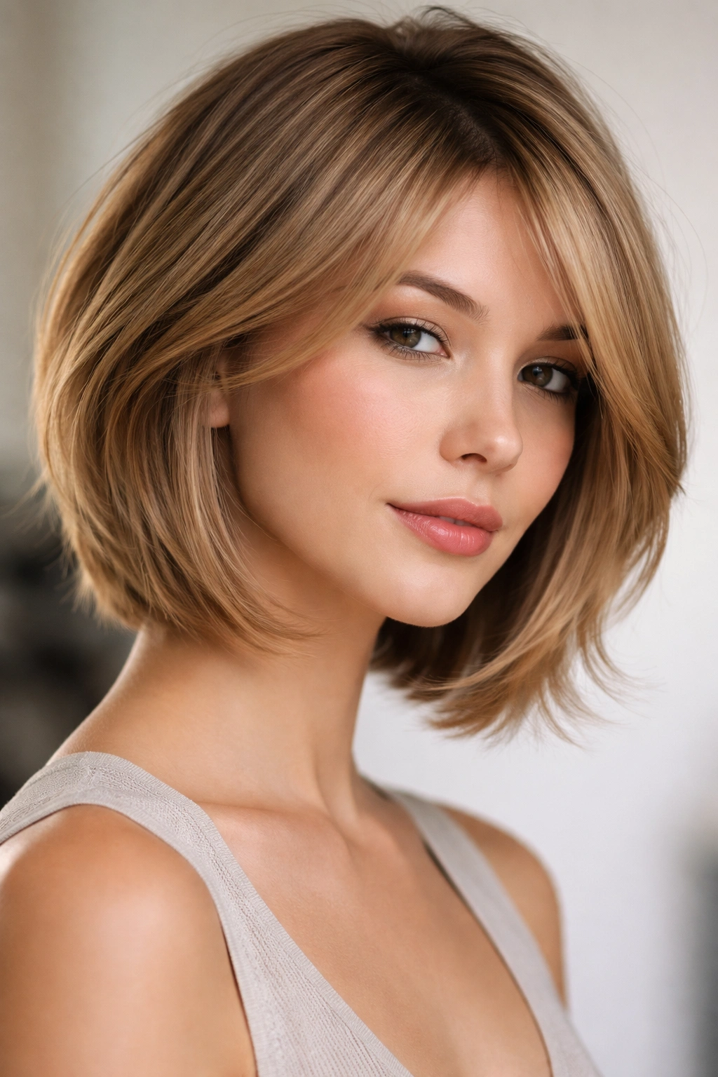 Feathered bob with layered ends along the jawline on a heart-shaped face
