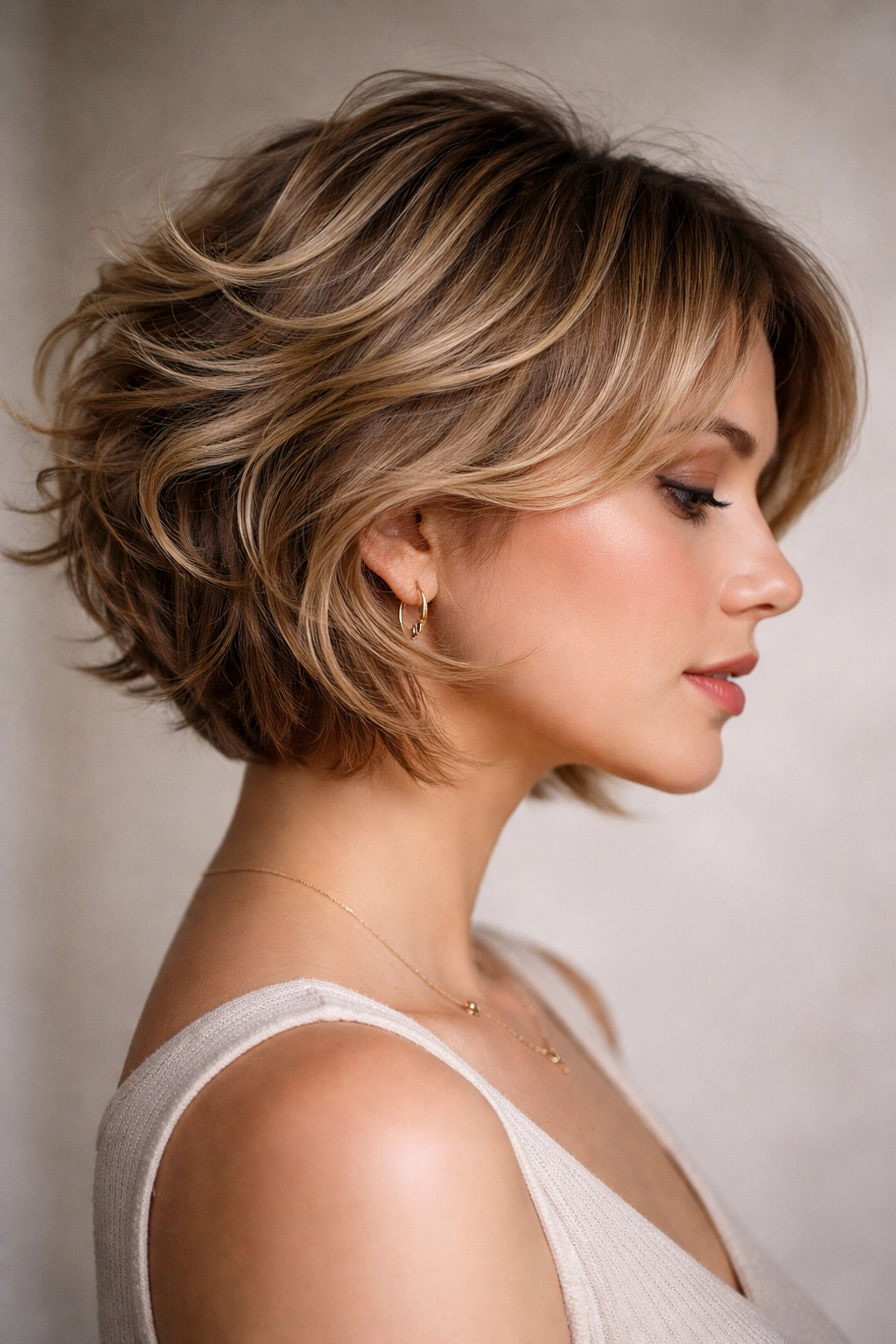 Feathered wavy bob with outward upward layers