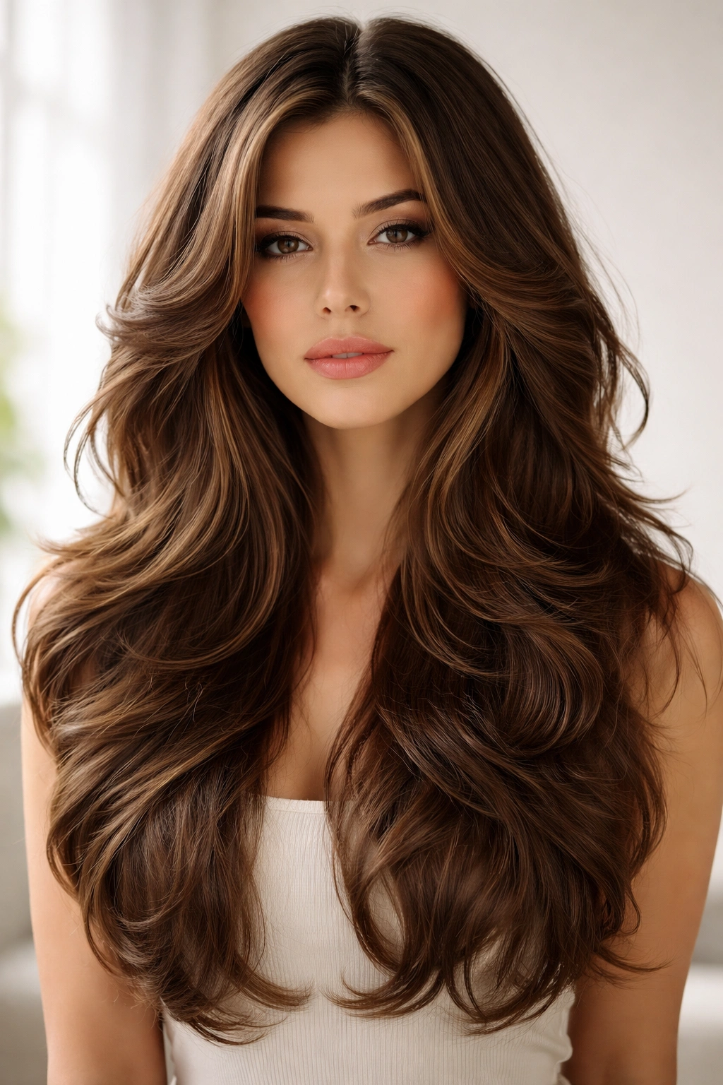 Feathered butterfly cut showing soft curved layers on thick hair