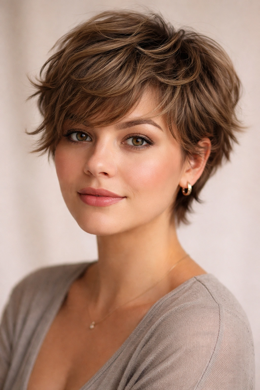 Close-up of feathered wavy crop showing airy layers and texture.