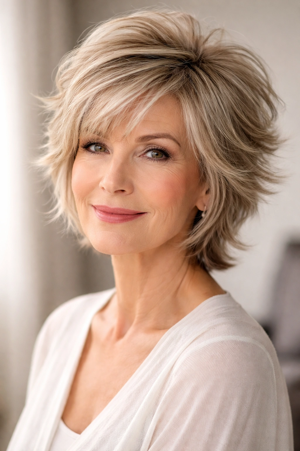 Feathered crop haircut with a short crown and outward-flipping face-framing pieces.