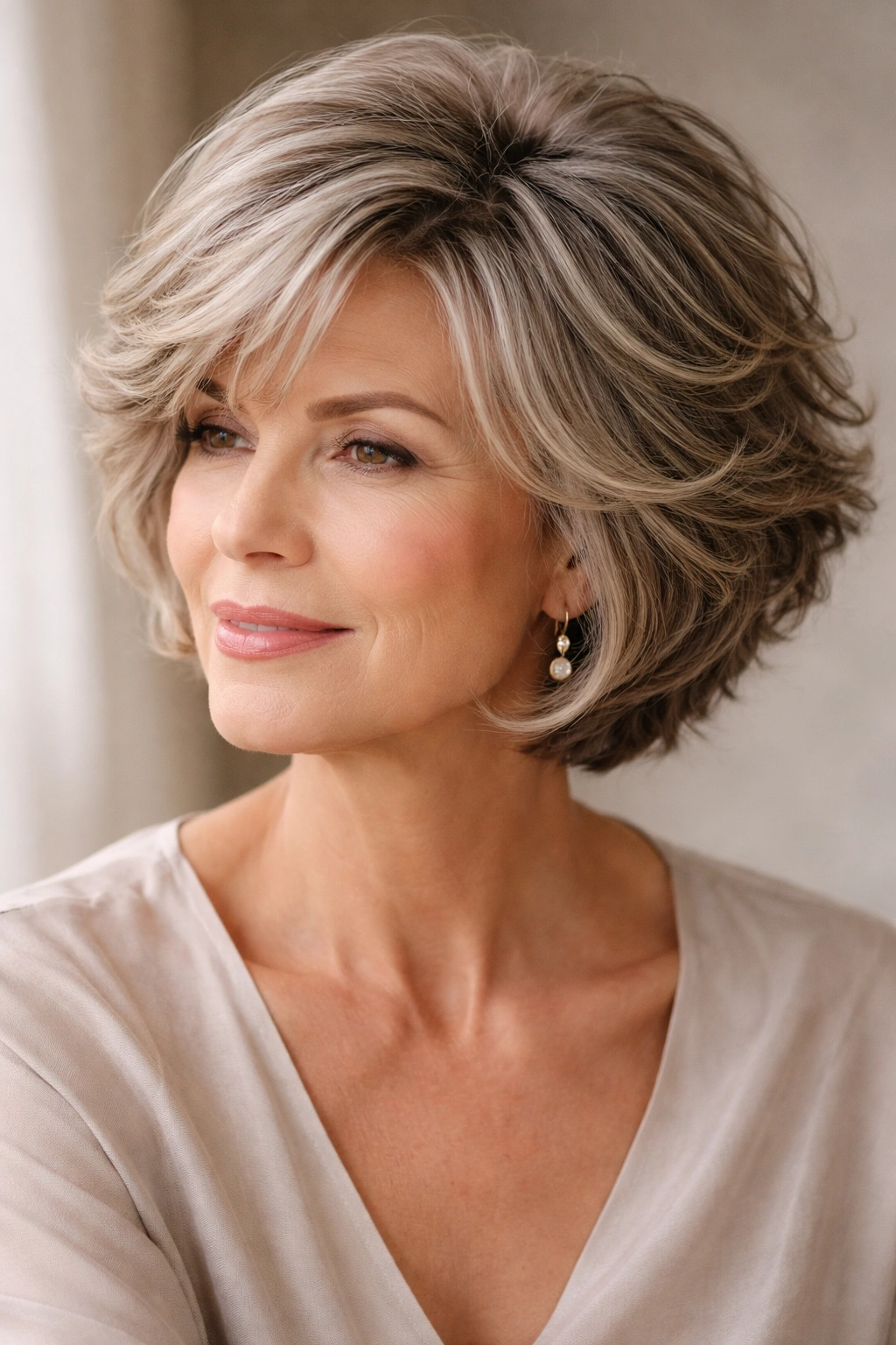 Close-up of feathered crown bob showing crown volume and textured layers