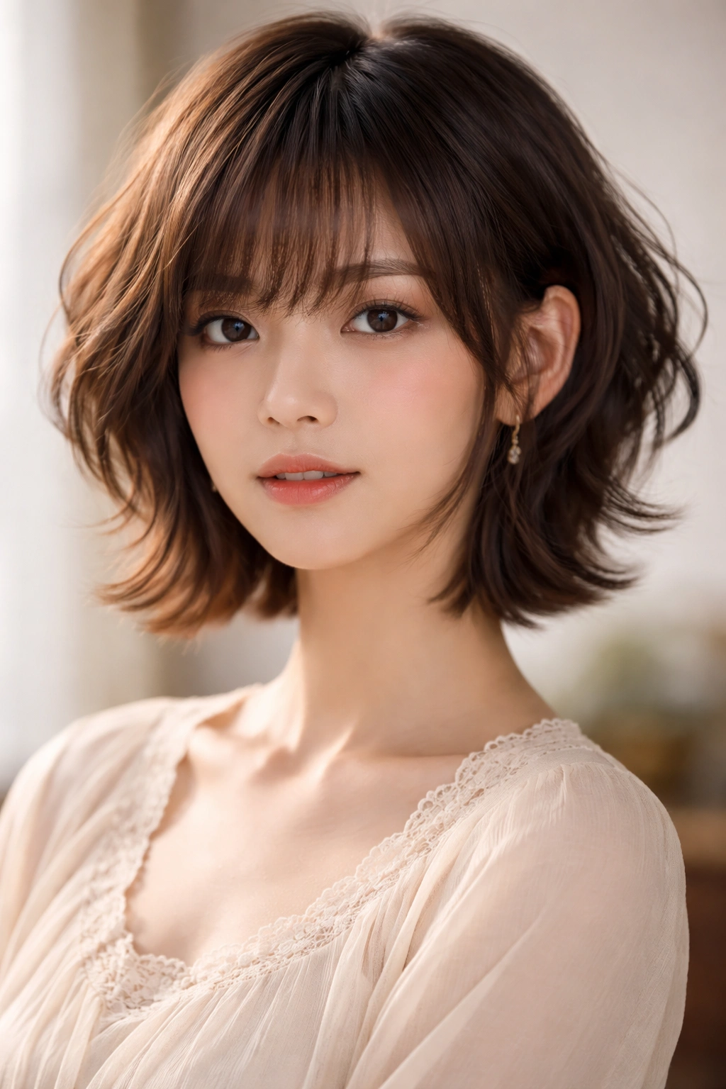 Portrait of a person with a short feathered hime crop and visible sidelocks