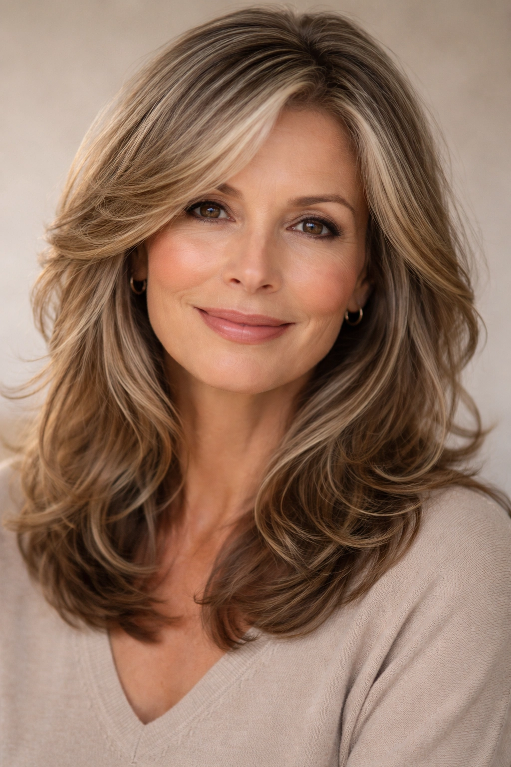Close-up of a woman with feathered face-framing layers and soft waves