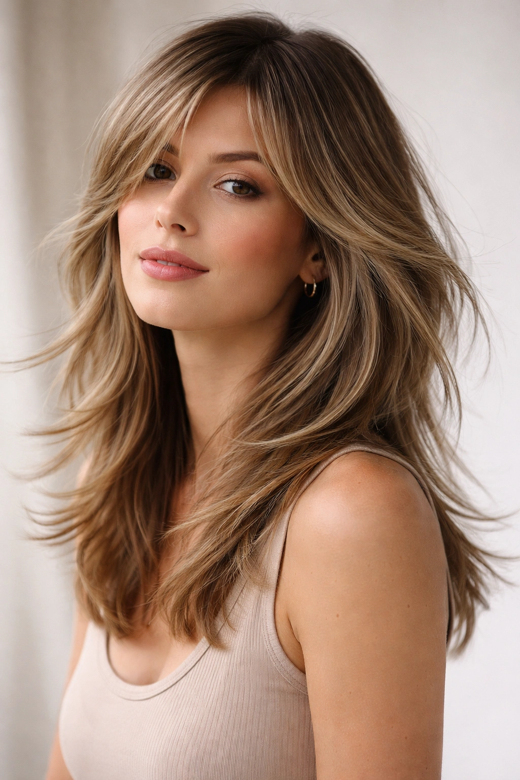 Model with medium-length hair featuring soft feathered layers and a windswept appearance