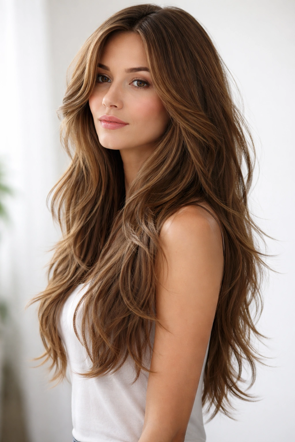 Model displaying feathered layers with long length and soft wave movement.