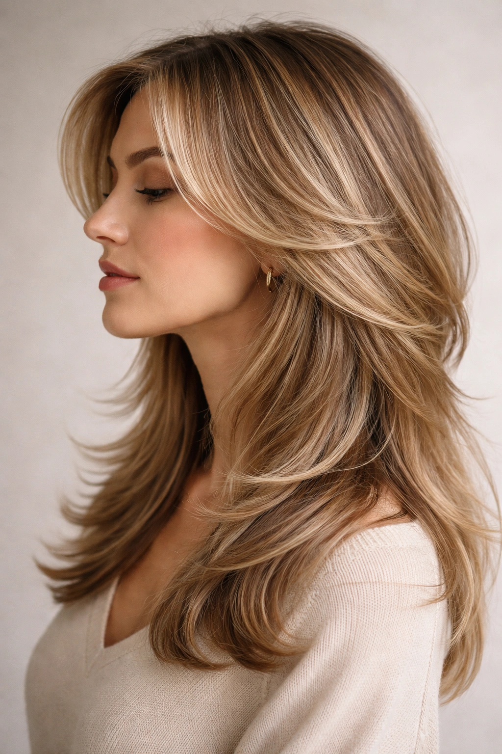 Profile view of feathered layers hairstyle with soft edges