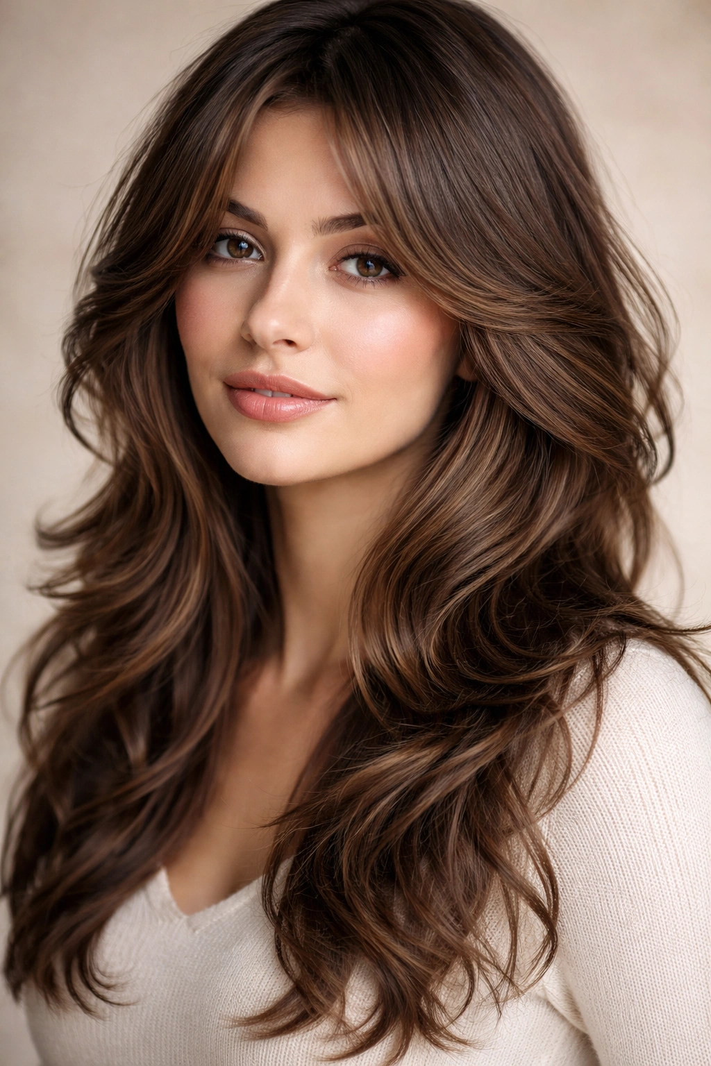Feathered layered hairstyle with cascading waves