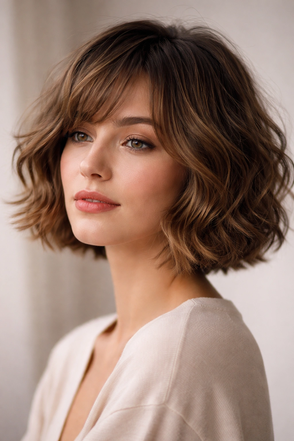 Close-up of a chin-length Wavy French Bob with feathered layers and soft waves.