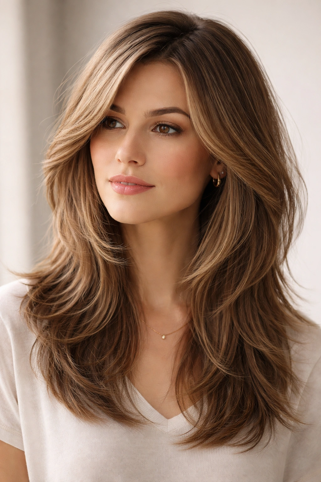 Feathered midlength hairstyle with tapered, flowing layers