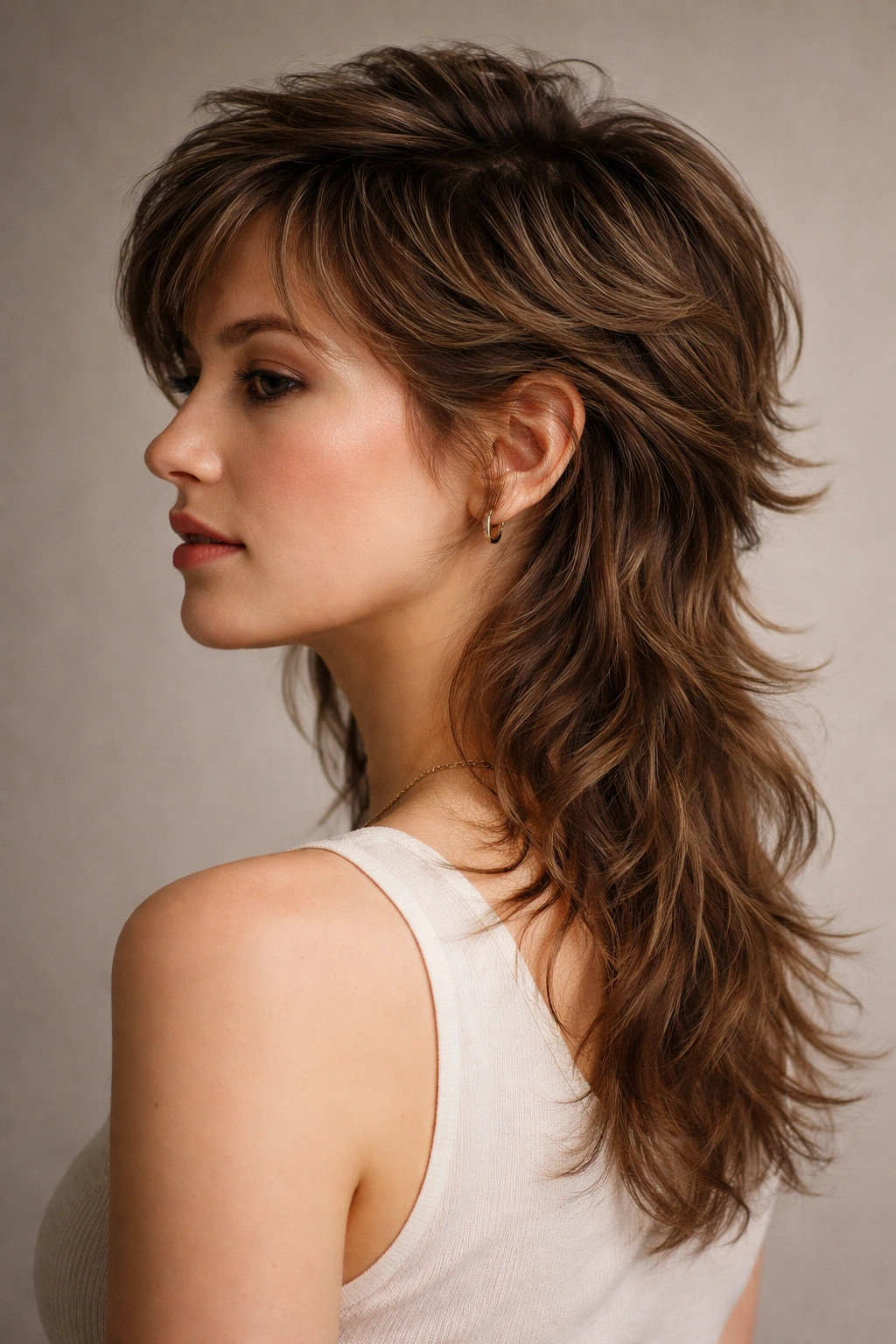 Portrait of a person with a feathered mullet featuring layered, flowing movement