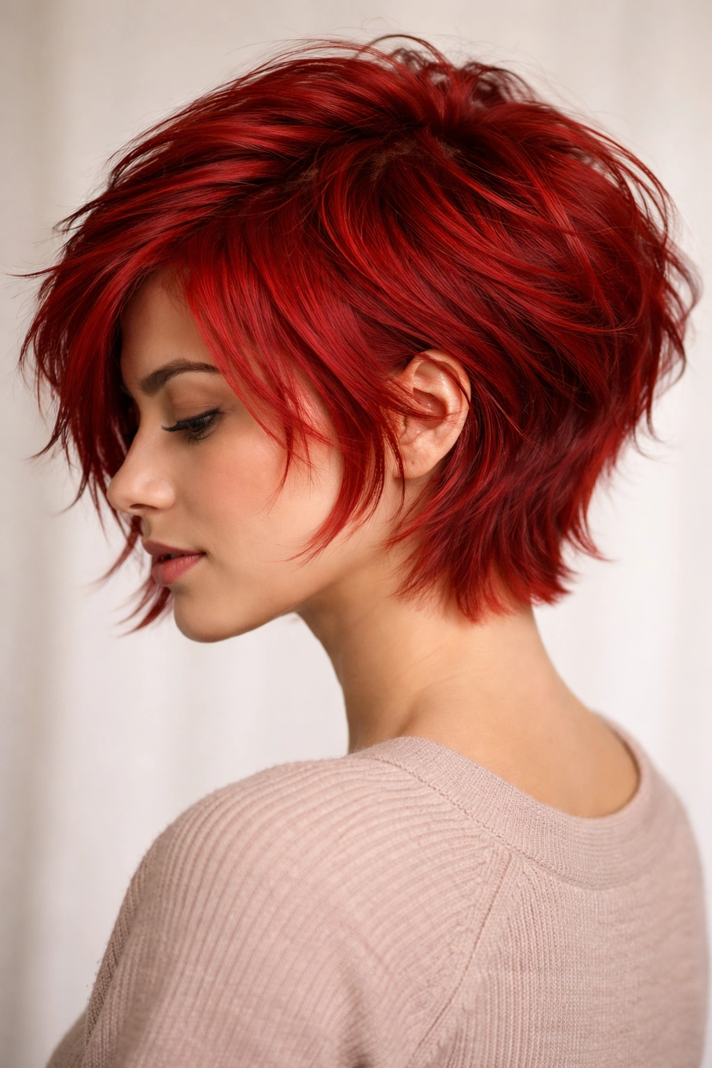 Feathered pixie-bob hybrid with bright red color and textured silhouette