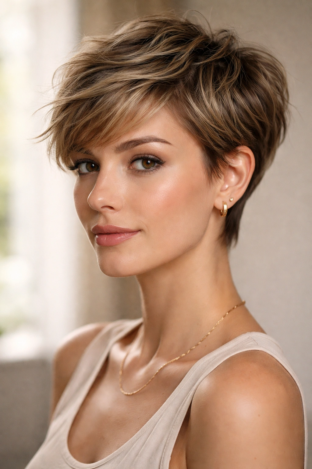Portrait of a person with a feathered pixie cut showing separated feathered layers