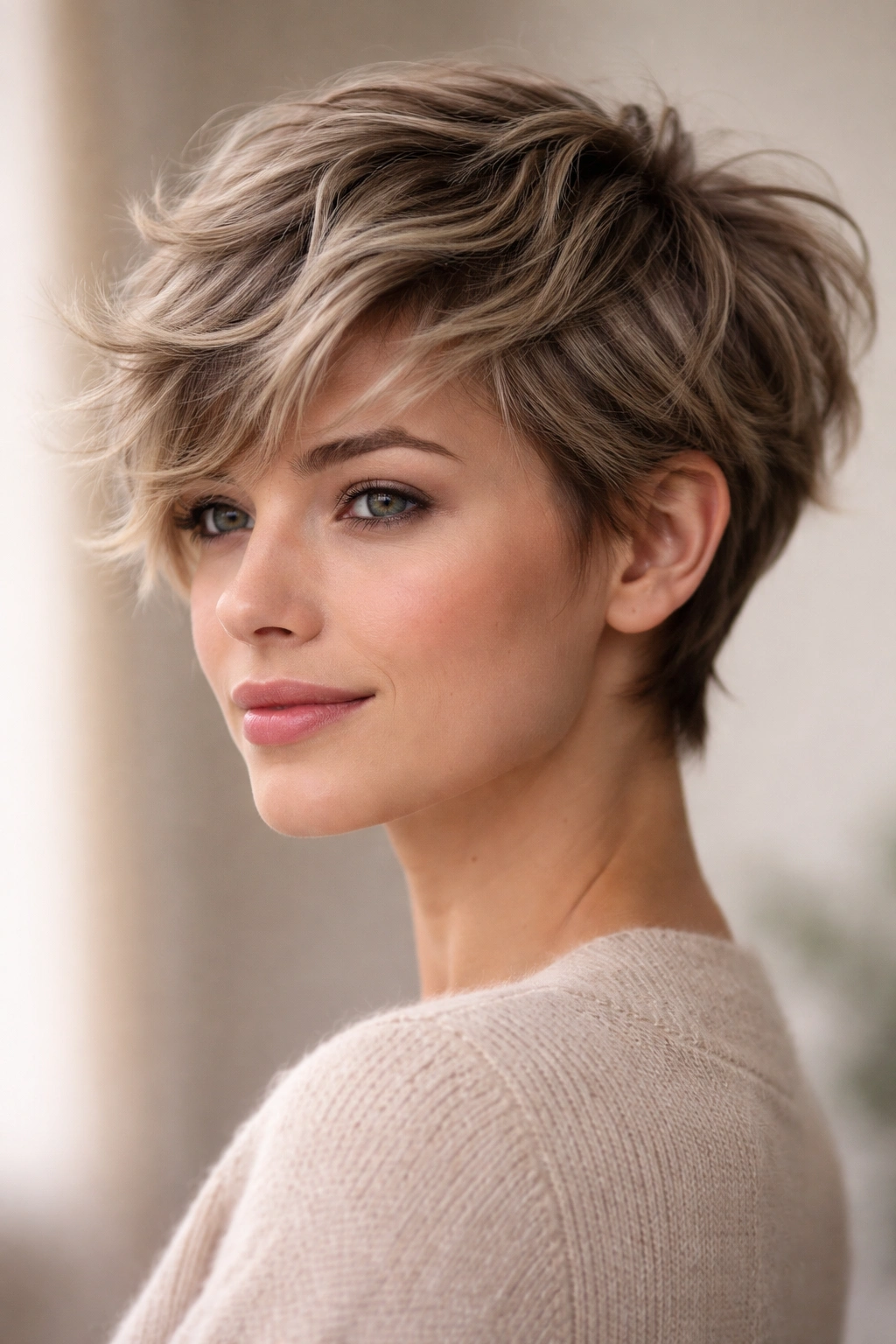 Feathered pixie with soft waves following feathered layers