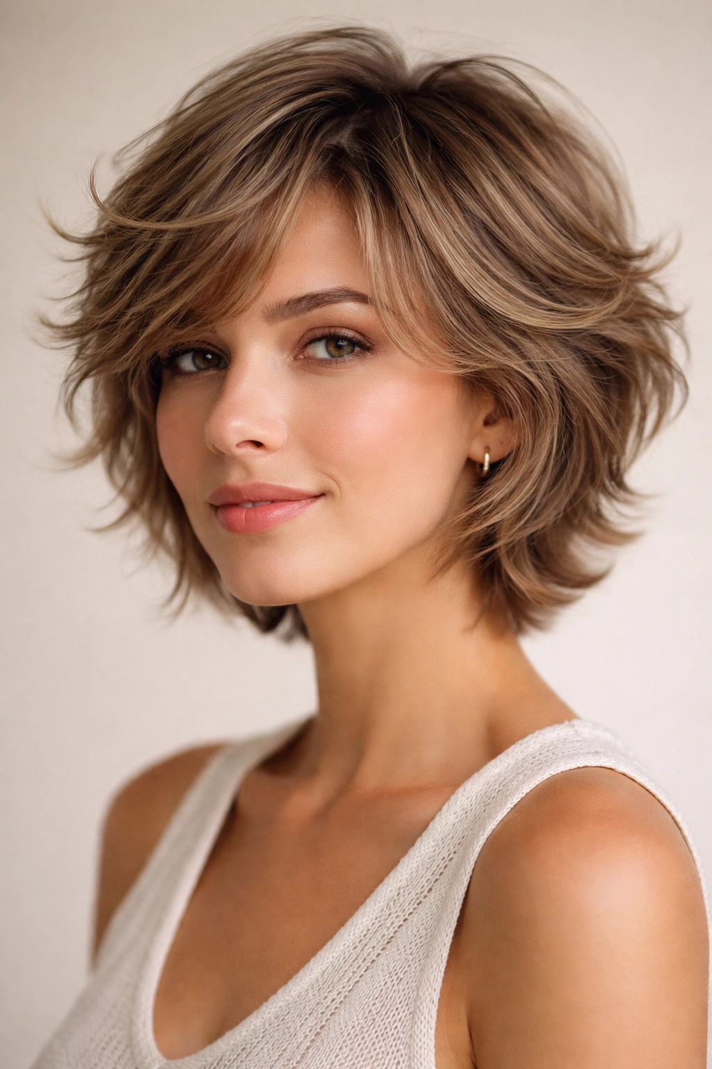Close-up of soft feathered short cut showing wing-like layers on wavy hair