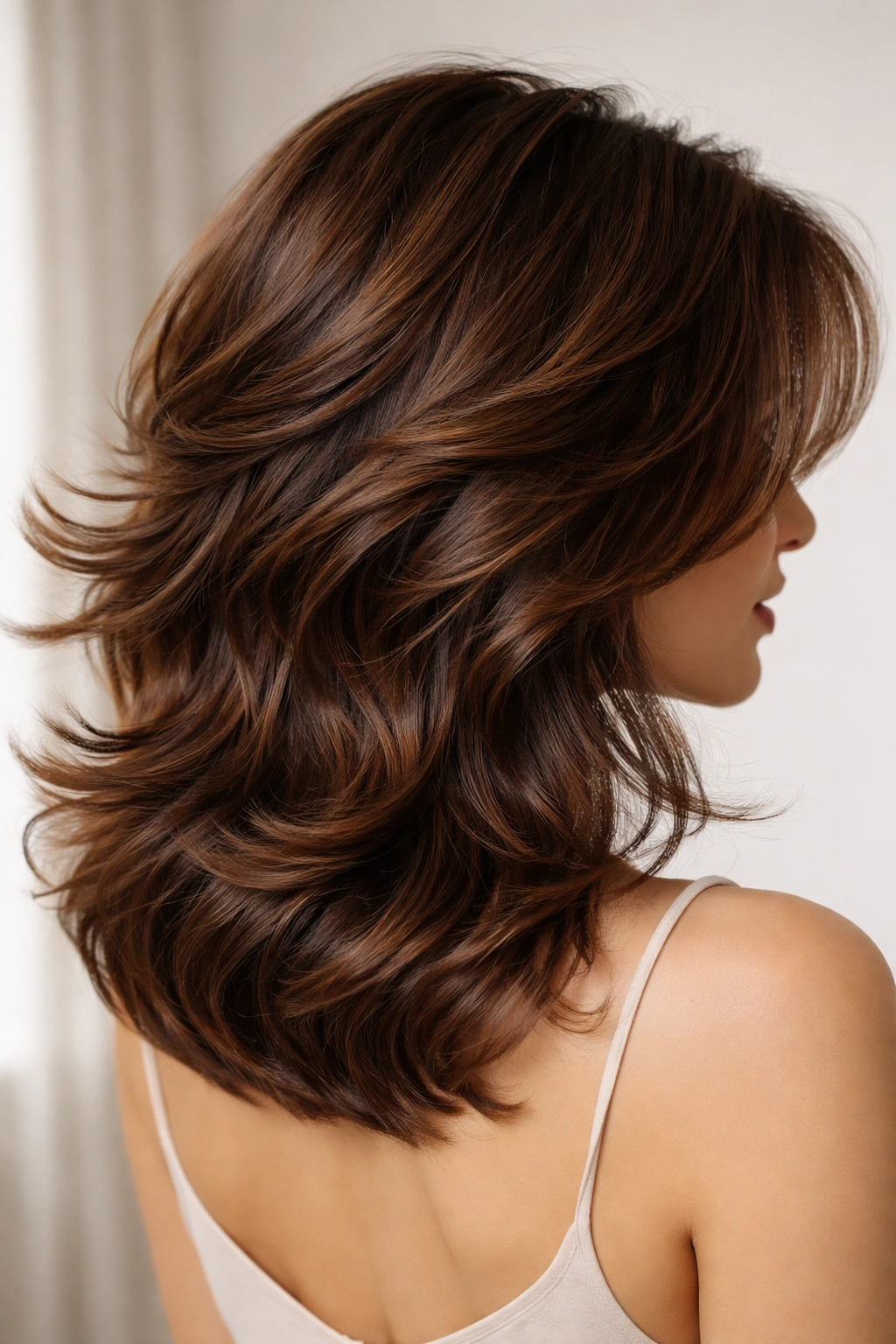 Close-up of shoulder-length brown hair with feathered layers and voluminous soft waves.