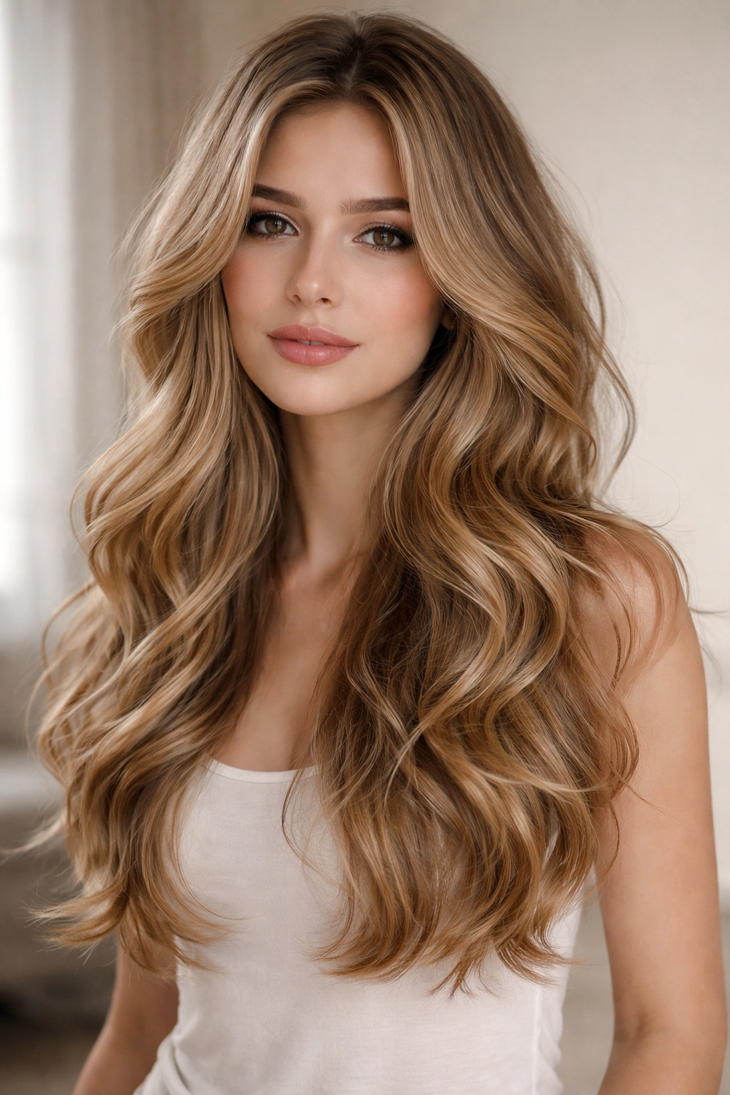 Hair with feathered waves and soft layers in a flowing silhouette