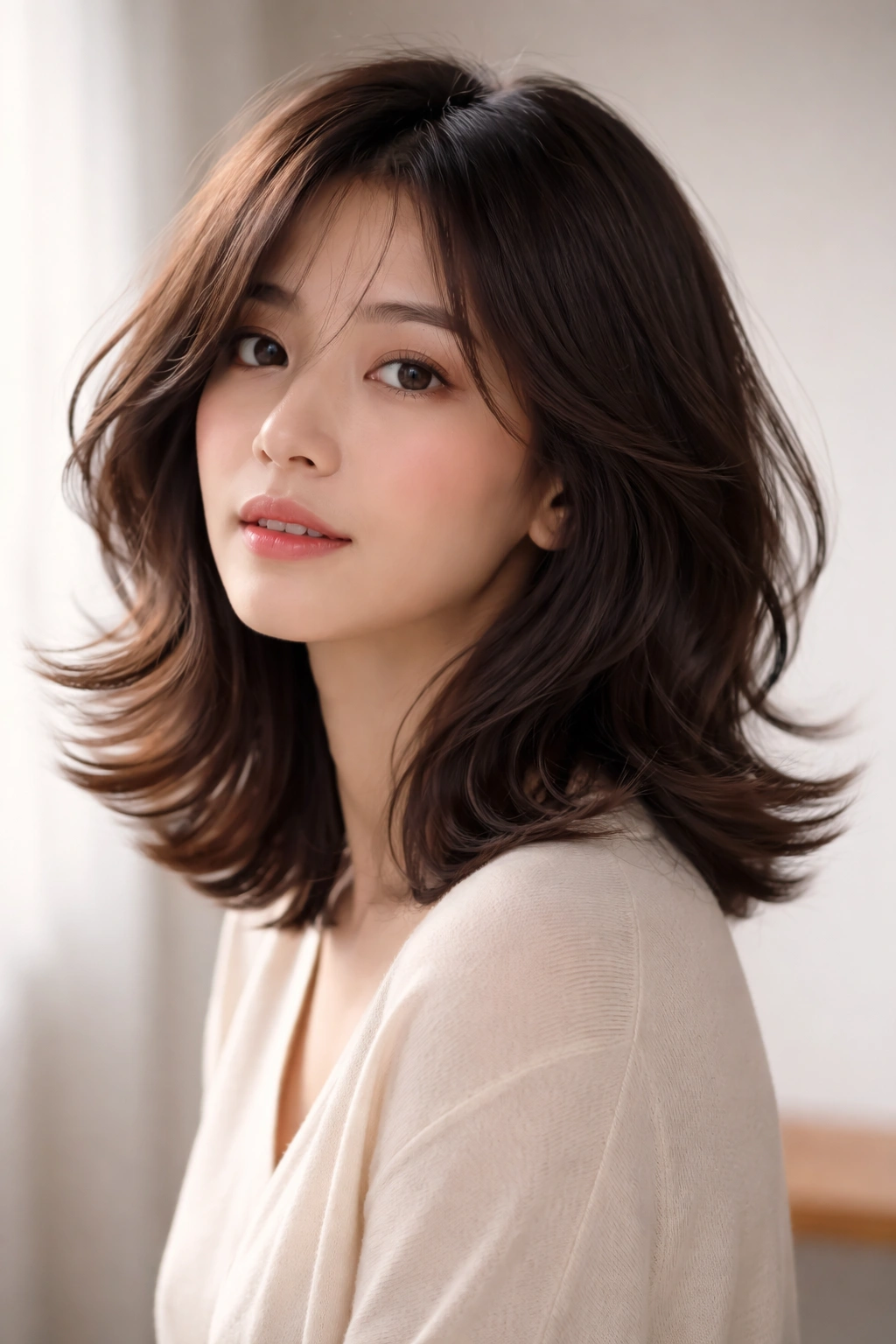 Feathered wave cut with outward flicks and multiple layers