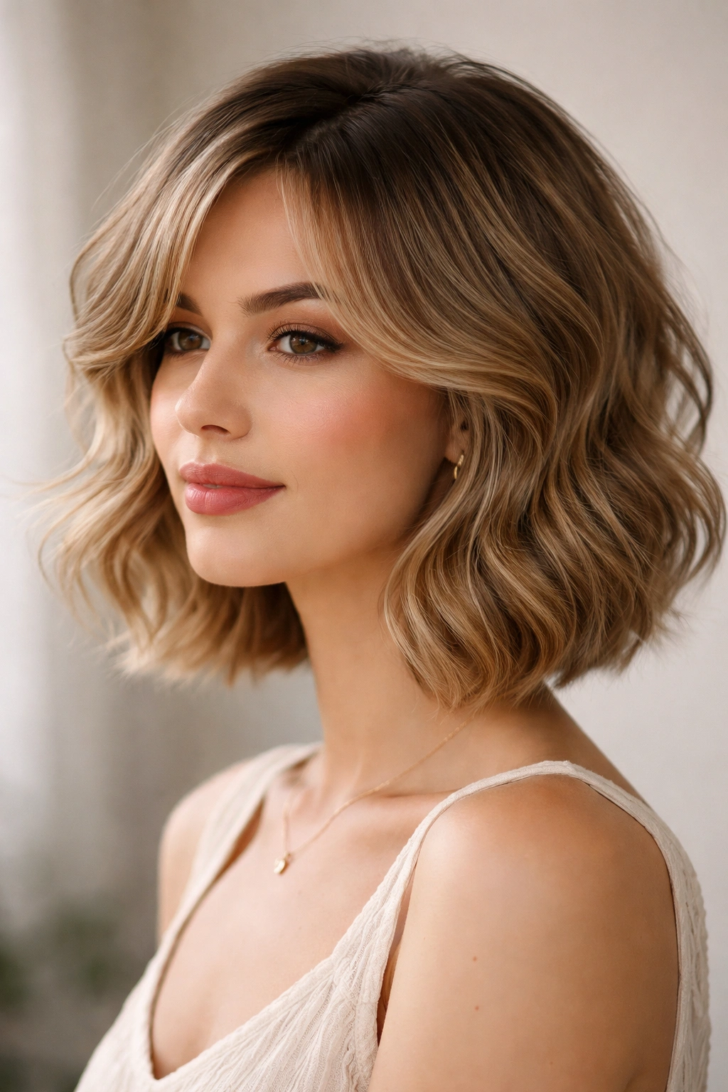 Soft feathered wavy bob with blended layers and gentle waves