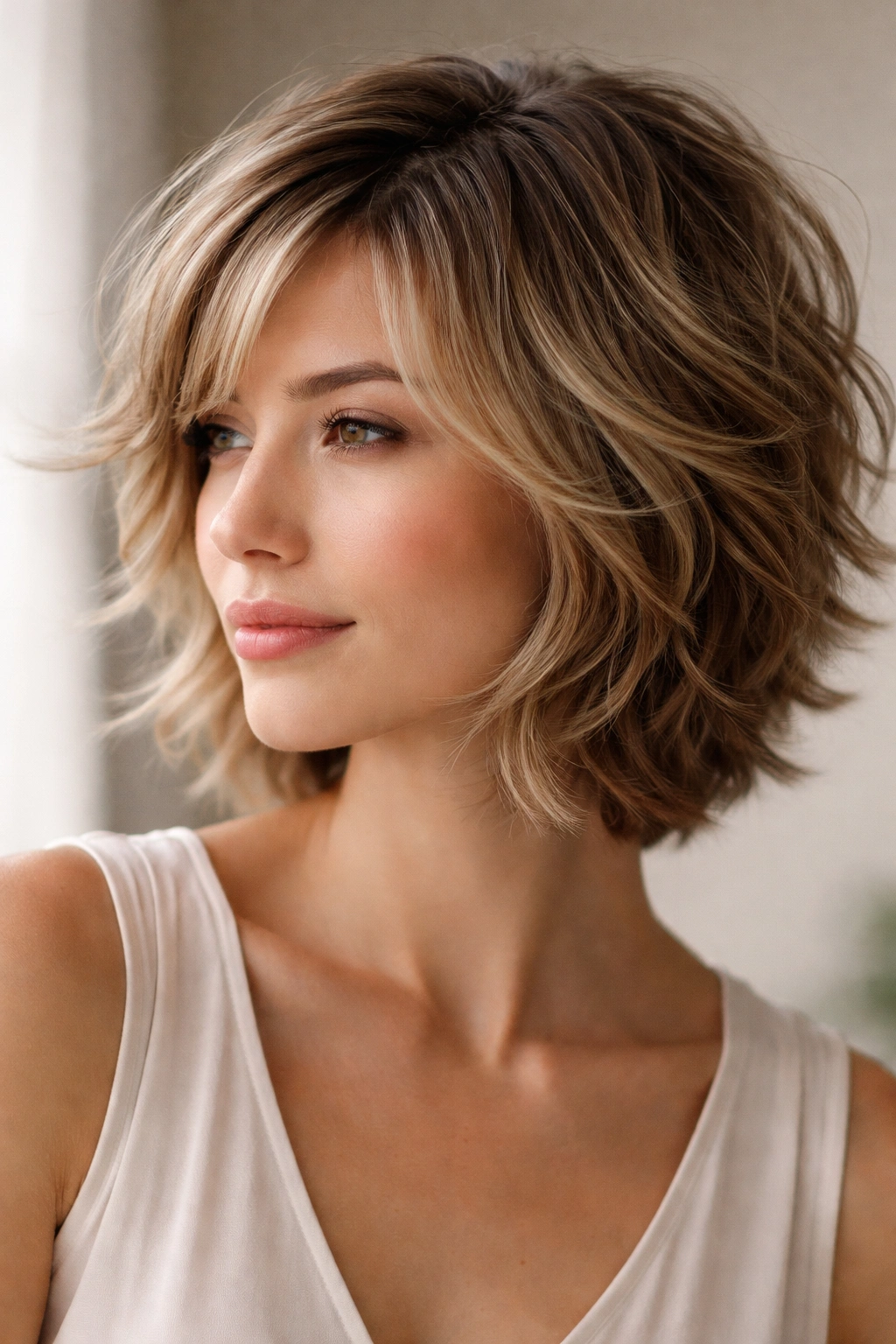 Feathered wavy layers showing movement and face-framing texture