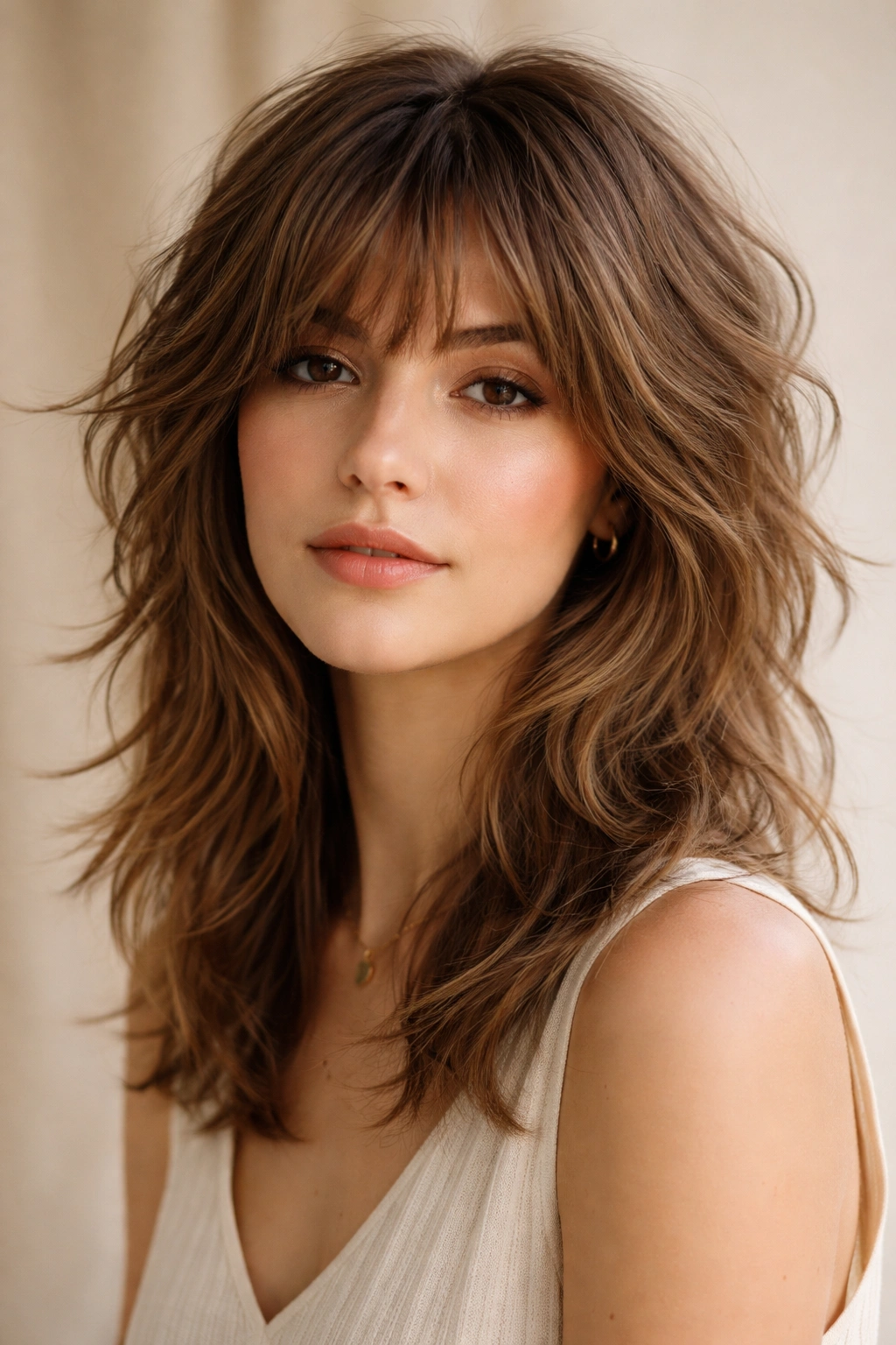 Portrait of a model wearing a tousled wolf cut with feathered ends.
