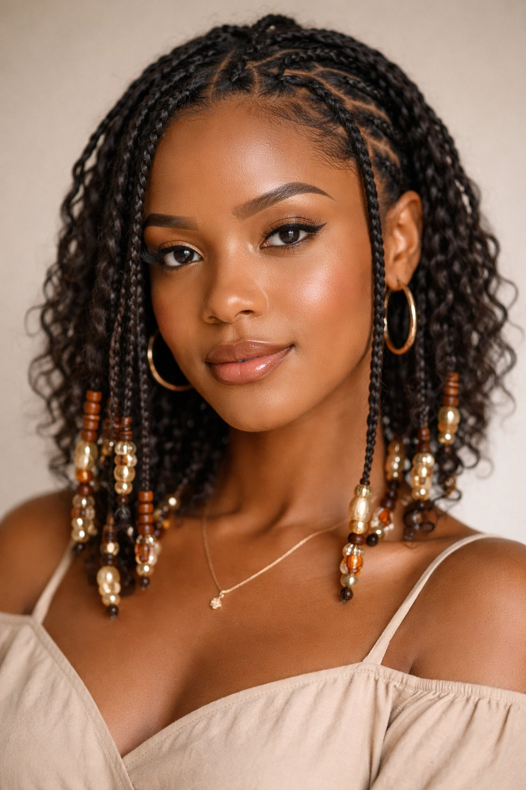 Close-up of short Afro hair with feed-in braids and beads at the ends