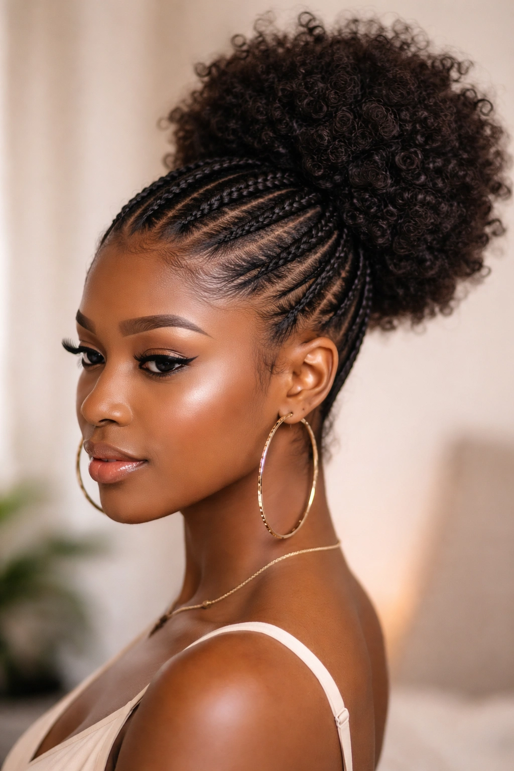 Intricate feed-in braids flowing into a crown puff hairstyle.