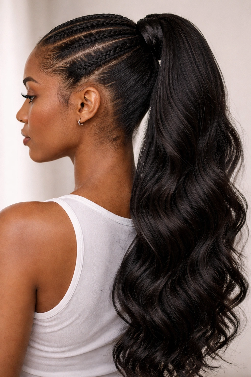 Close-up of feed-in braided weave ponytail with seamless base blend