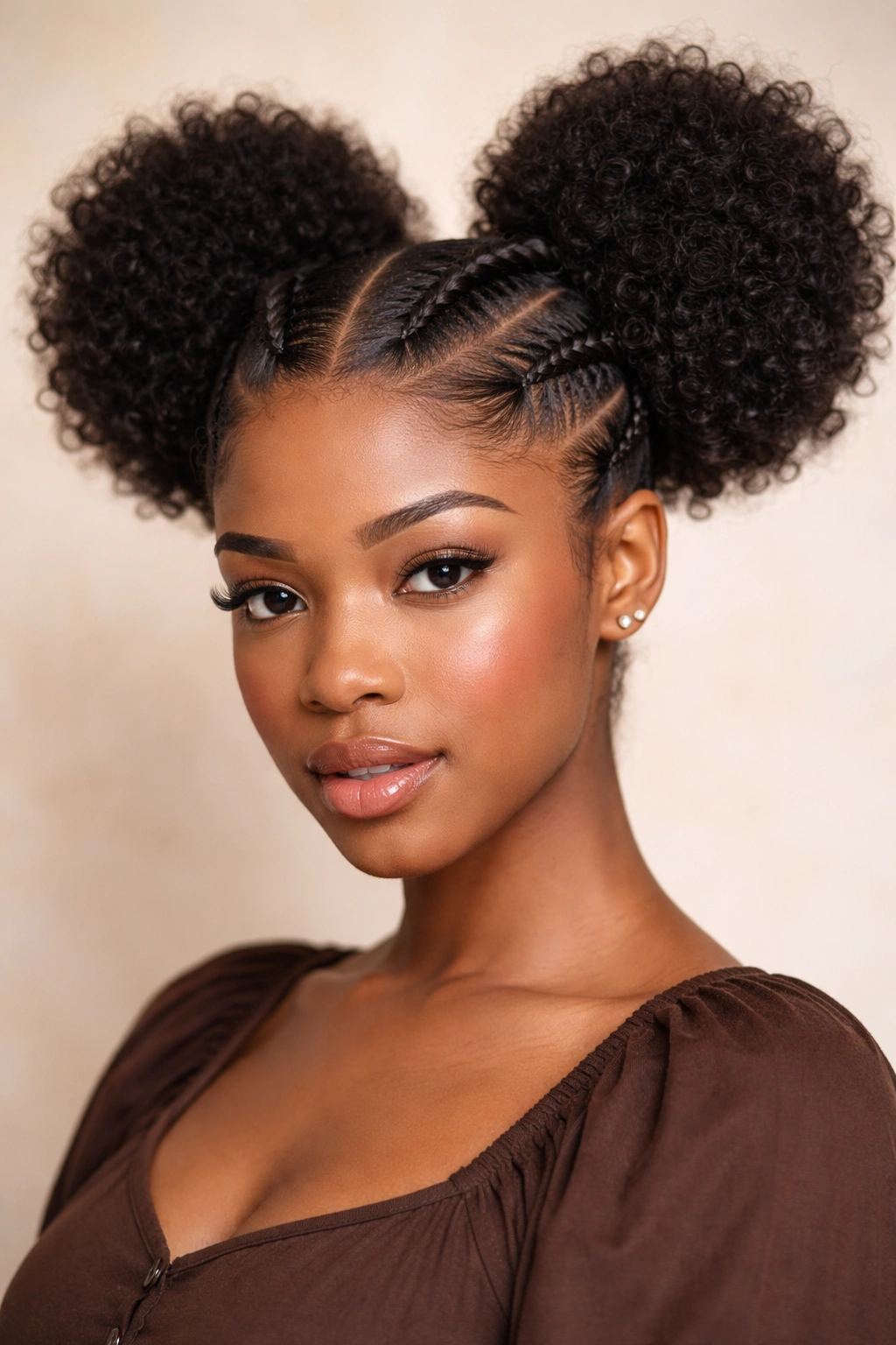 Two voluminous feed-in braided puffs with integrated extensions