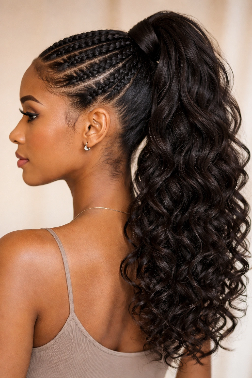 Feed-in braided base leading into a weave ponytail at the crown