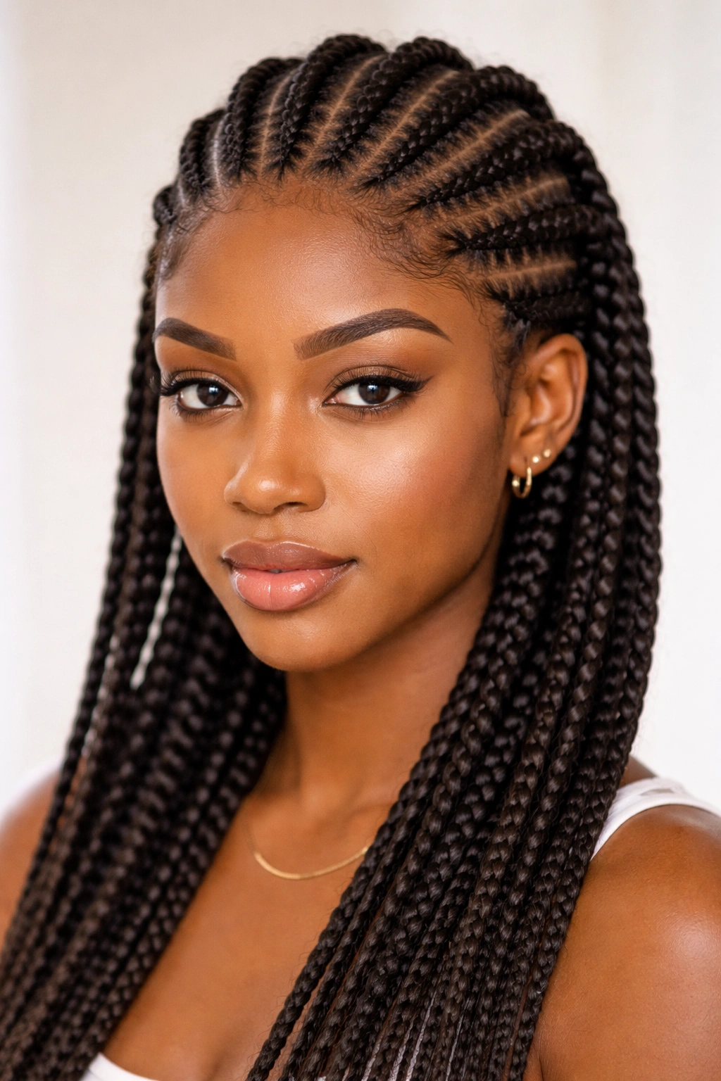 Scalp-level view of feed-in braids starting at the hairline