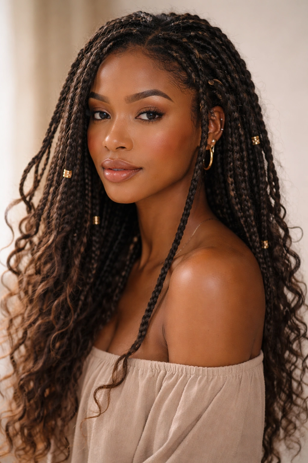 Close-up of mixed-length feed-in box braids on Afro hair in boho style