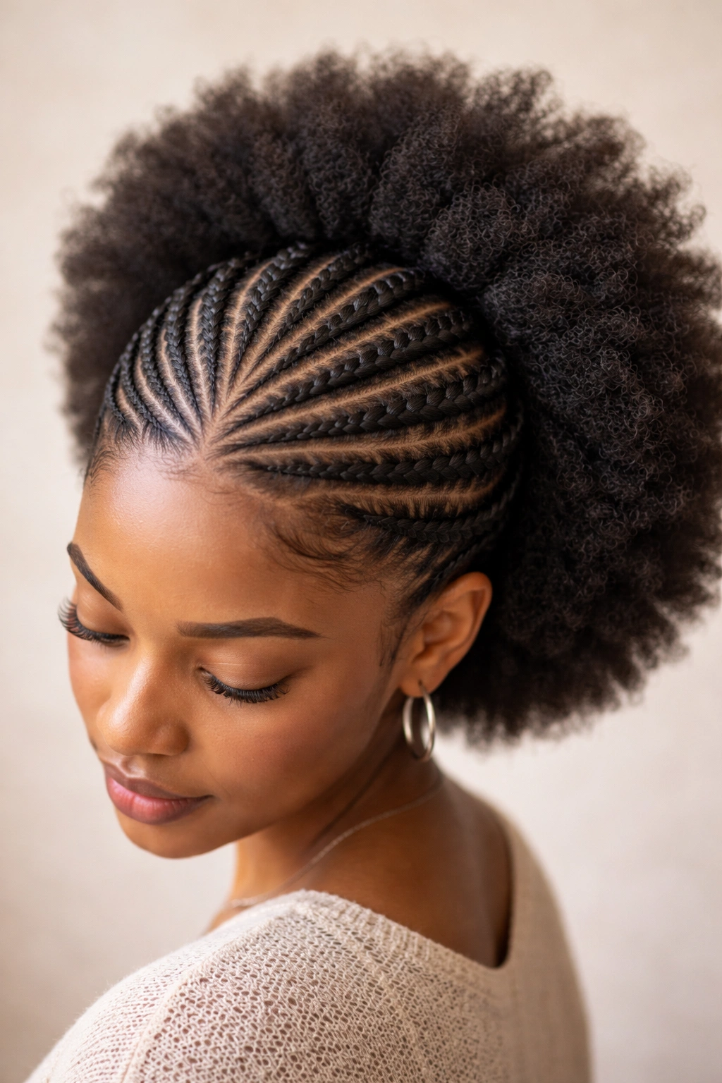 Top crown of feed-in braids atop a fluffy afro crown in studio portrait.