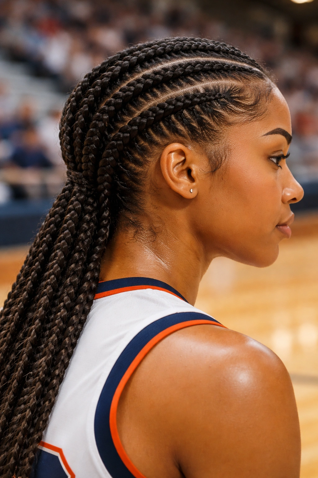 Side view of feed-in braids neatly laid against the scalp on a basketball player