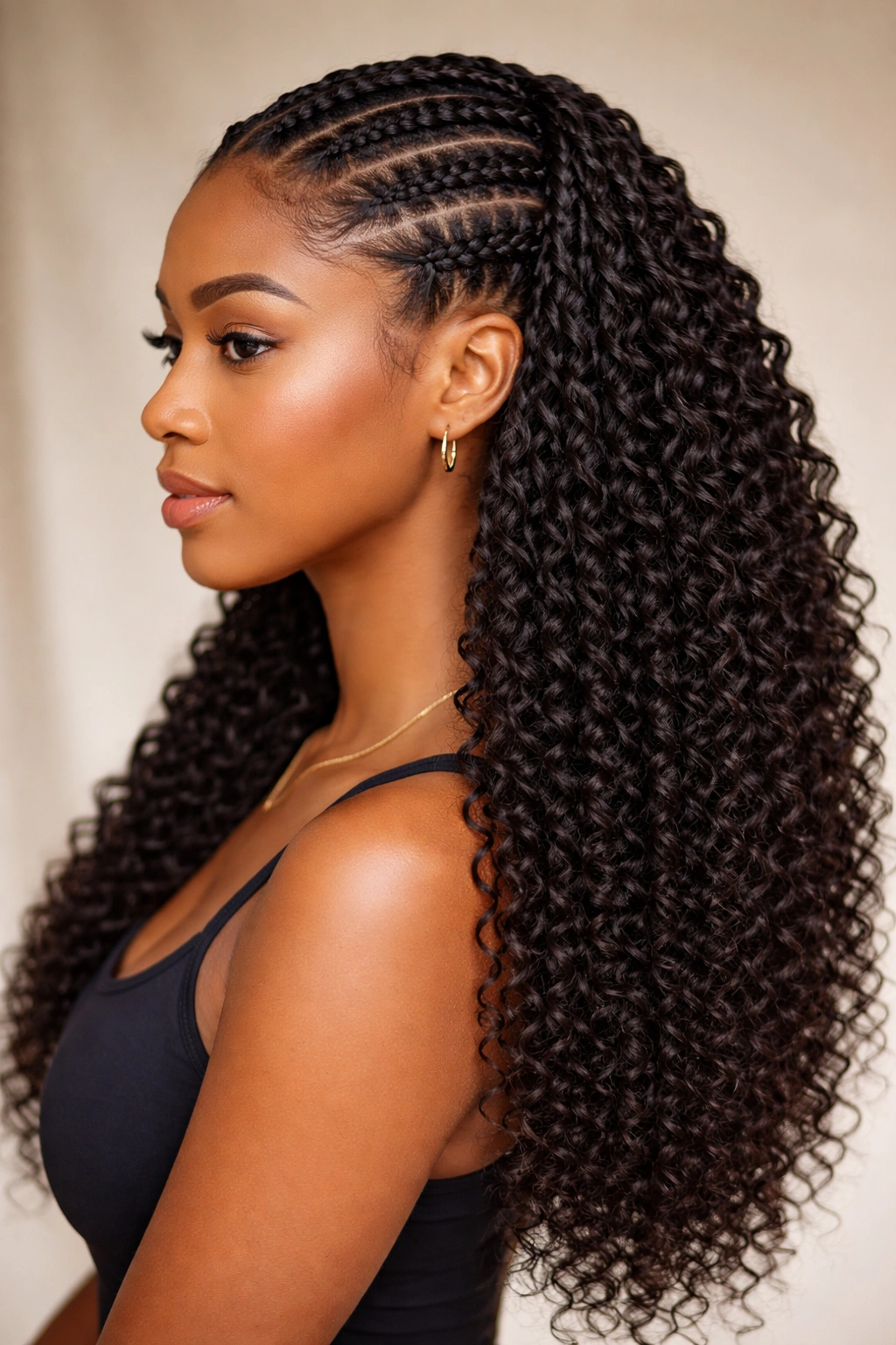 Side-profile of feed-in braids with crochet extensions on a single model
