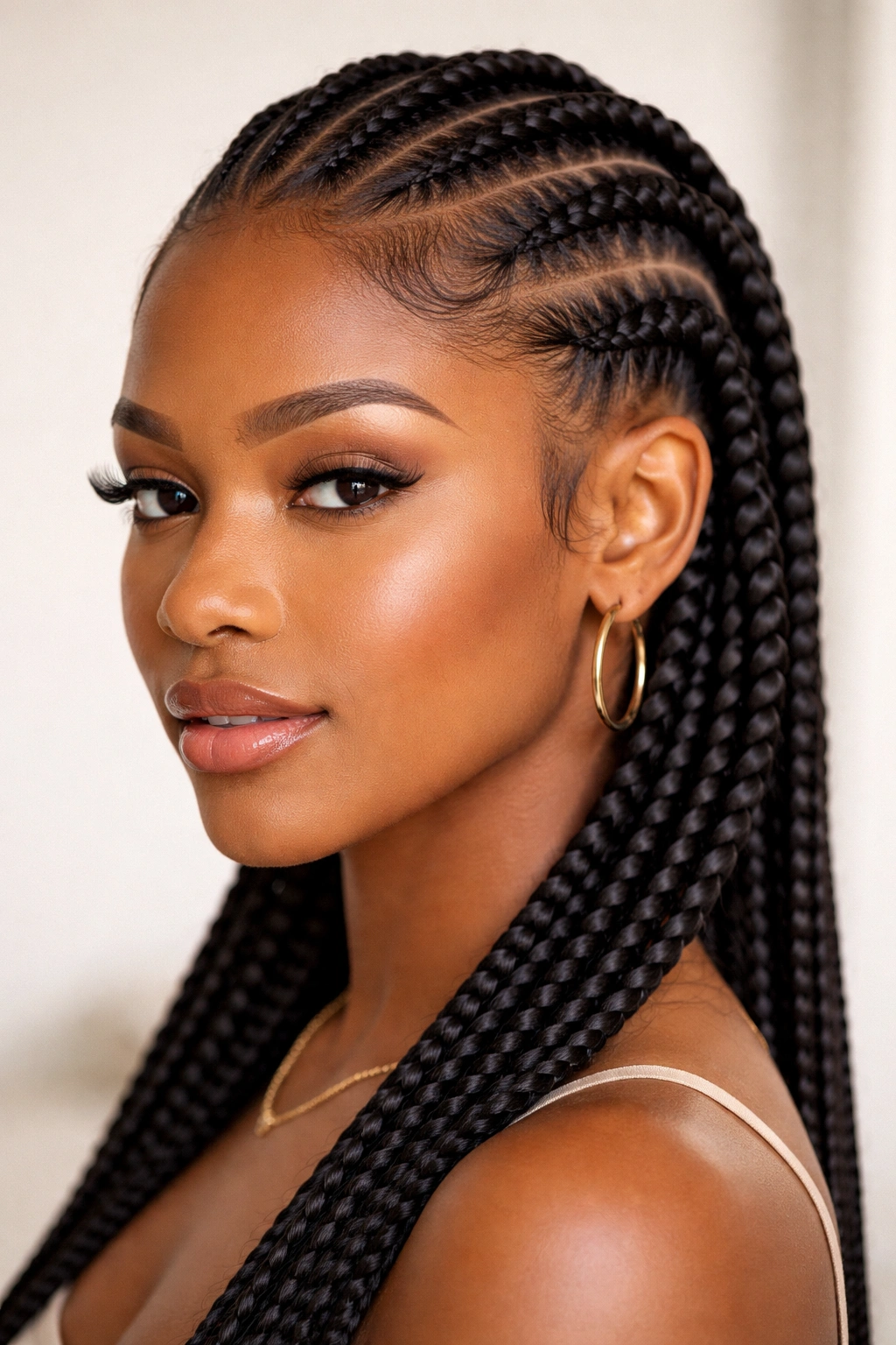 Close-up of feed-in braids showing seamless blend at the scalp and edges
