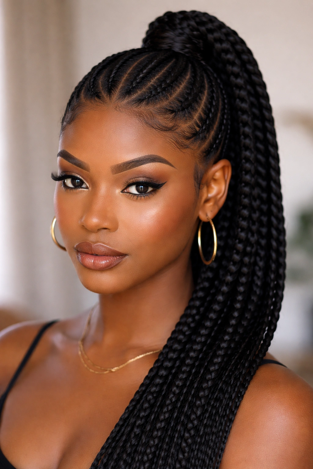 Feed-in braids forming a middle-part ponytail